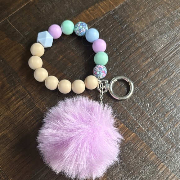 Homemade Pastel Beaded Keychain with Lavender Pom Pom - Picture 1 of 1